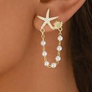Starfish and Pearls Drop Earrings Seashell Beach Jewelry